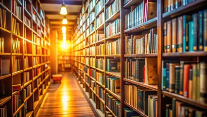 A blurred background of bookshelves filled with academic textbooks, journals, and manuscripts, illuminated by soft natural light, conveying a sense of knowledge and intellectual pursuits.