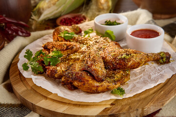 Grilled Chicken Tabaka Garnished with Herbs and Sauces on a Wooden Board