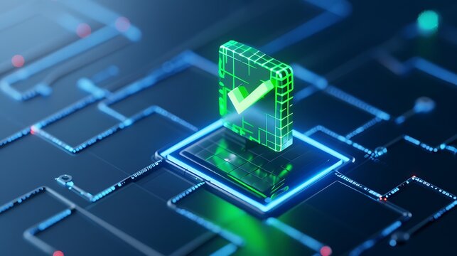 Digital circuit board with a glowing green checkmark indicating data verification or security. Modern technology concept visualization.
