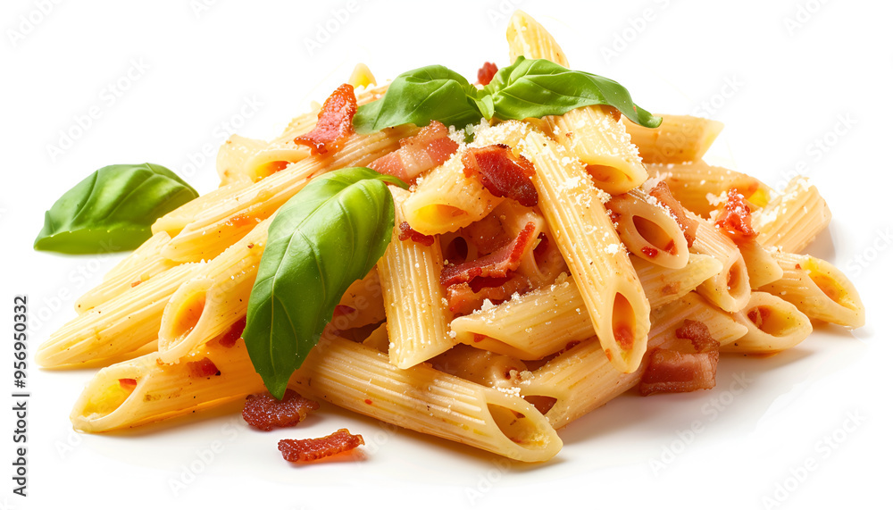 Sticker tasty pasta with bacon and basil isolated on white