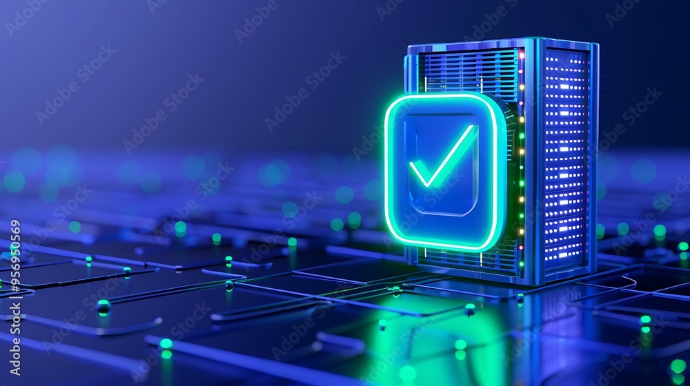 Poster digital data server with glowing checkmark symbolizing security and reliability in a futuristic tech
