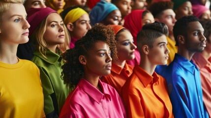 Fototapeta premium A vibrant celebration of diversity is displayed as a group of individuals dressed in colorful attire stand united, exuding confidence and solidarity.