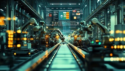 Modern Factory with Robotic Arms and Conveyor Belts Labeled with Countries' Flags Depicting FDI Impact