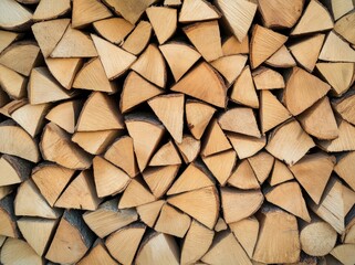 Large stacks of firewood in a springtime forest show cut tree trunks tightly wrapped in tape, with multiple rows of timber creating a natural pathway among the trees