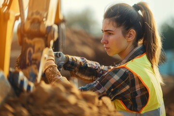 A young female engineer, her hair pulled back in a ponytail, skillfully maneuvers an excavator with precise movements, her focus unwavering as she excavates the earth