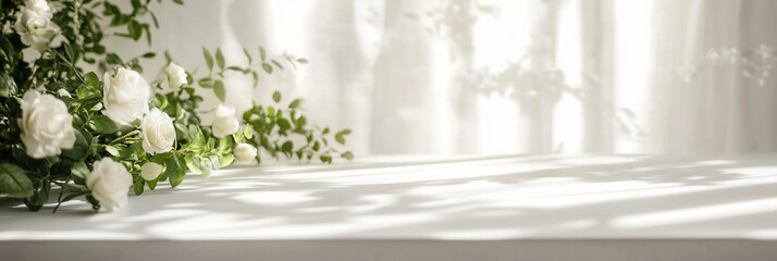 White roses on white table scene composition, romantic white roses background, product scene photography, roses arrangement 