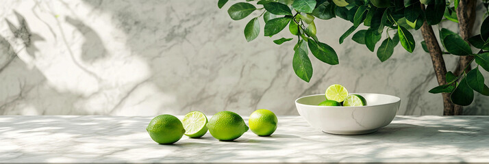  Iris Flowers and Limes on white table background, Floral arrangement and Citrus accents  Product photography scene, fresh and warm light background