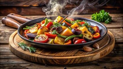 Savory aromas waft from a steaming hot plate of golden-brown roasted vegetables, perfectly arranged and garnished, set against a warm, rustic wooden background.