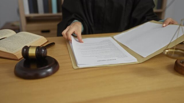 Woman in office reviewing autopsy and witness reports with a gavel and book on the desk
