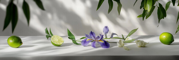  Iris Flowers and Limes on white table background, Floral arrangement and Citrus accents  Product photography scene, fresh and warm light background