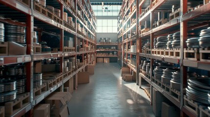 A sunlit warehouse aisle with neatly stacked shelves filled with metal parts in an industrial setting. The space is well-organized and brightly lit.