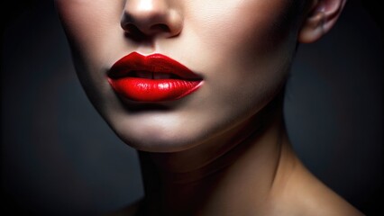 Fototapeta premium A close-up shot of luscious, bold red lips parted slightly, standing out against a dramatic and mysterious black background, exuding sensuality and allure.