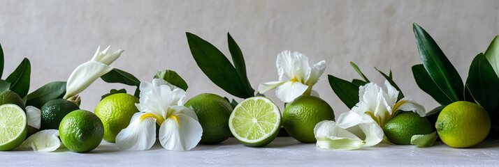  Iris Flowers and Limes on white table background, Floral arrangement and Citrus accents  Product photography scene, fresh and warm light background