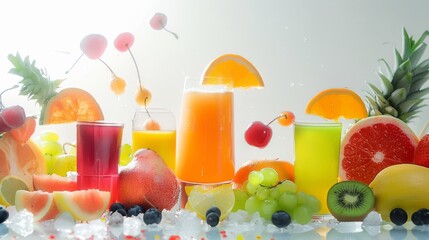 Fototapeta premium A lively arrangement of fruit juices and fresh fruits, highlighted with splashes of water and ice, creating a refreshing and energizing visual.