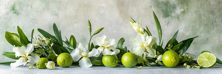  Iris Flowers and Limes on white table background, Floral arrangement and Citrus accents  Product photography scene, fresh and warm light background