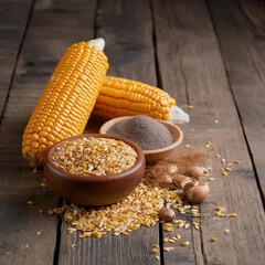 Selective focus on wooden rustic table with corn groats, seeds, and corncobs. Ai generated