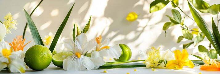  Iris Flowers and Limes on white table background, Floral arrangement and Citrus accents  Product photography scene, fresh and warm light background
