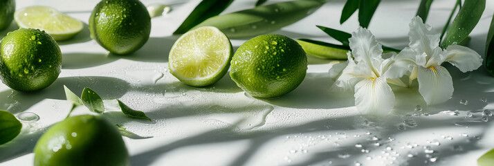  Iris Flowers and Limes on white table background, Floral arrangement and Citrus accents  Product photography scene, fresh and warm light background