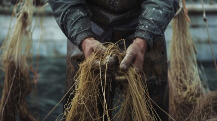 Close-up of hands working with fishing nets, illustrating the intricate and skilled labor of a fisherman at sea.