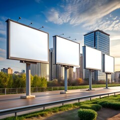 Obraz premium Blank billboards stand tall against a cityscape backdrop. offering prime advertising space.