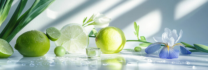  Iris Flowers and Limes on white table background, Floral arrangement and Citrus accents  Product photography scene, fresh and warm light background