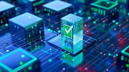Digital network with futuristic blockchain and green checkmark, representing data security and technology validation.