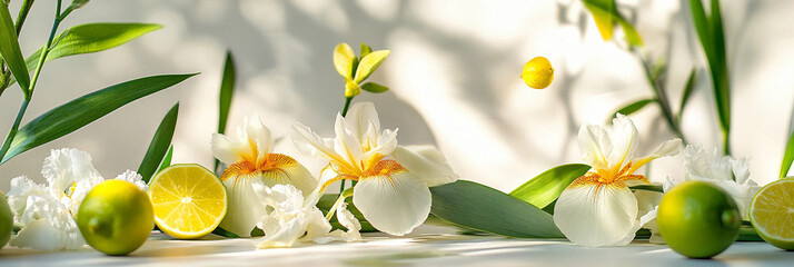  Iris Flowers and Limes on white table background, Floral arrangement and Citrus accents  Product photography scene, fresh and warm light background