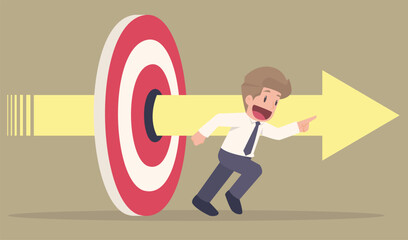 Businessman running, rushing forward and breaking target archery to Successful. Business plan, Market targeting, Target with an arrows, and achieve target goals achievement concept illustration.