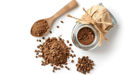 Spoon and glass jar with instant coffee on white background