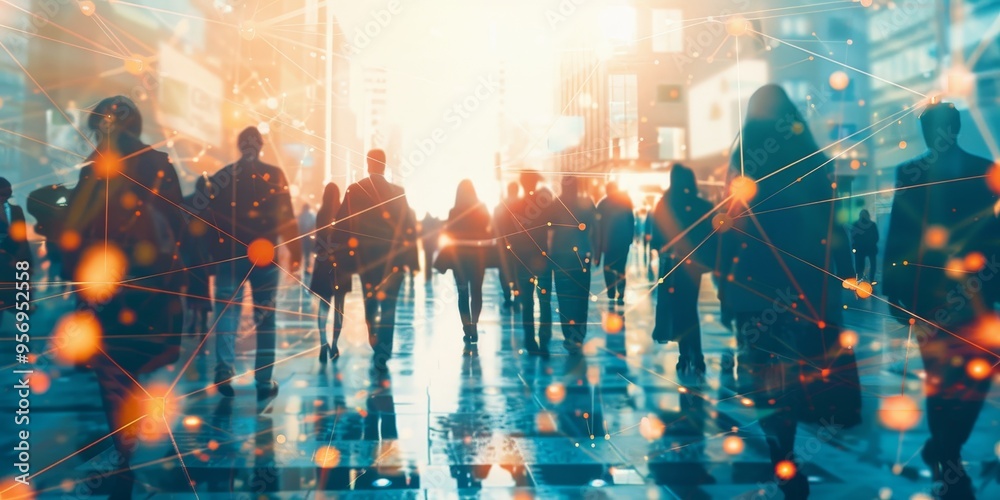 Poster a group of people with a superimposed network grid, representing social networks and connectivity