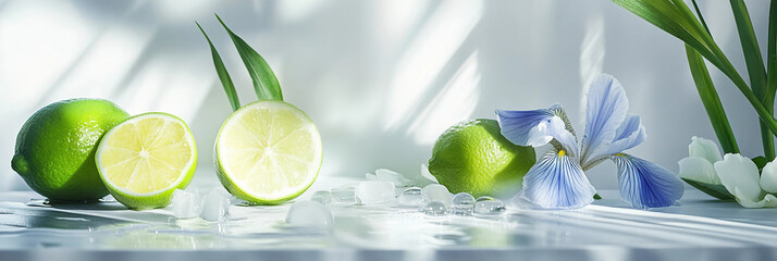  Iris Flowers and Limes on white table background, Floral arrangement and Citrus accents  Product photography scene, fresh and warm light background