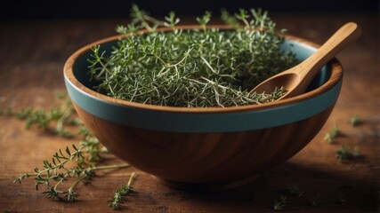 Wooden Bowl with Fresh Thyme Herb and Spoon.