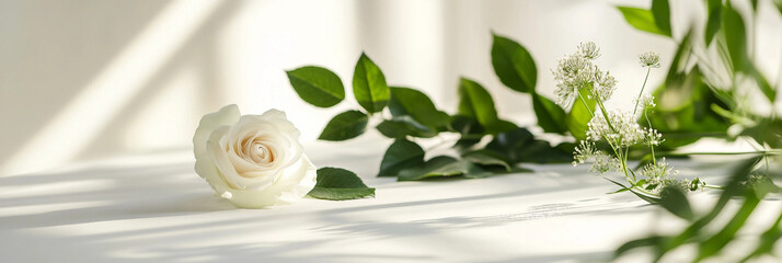 White roses on white table scene composition, romantic white roses background, product scene photography, roses arrangement 