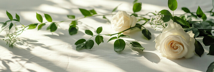 White roses on white table scene composition, romantic white roses background, product scene photography, roses arrangement 