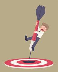 Businessman with big dart arrow, aiming to bull´s eye. Vector illustration.
