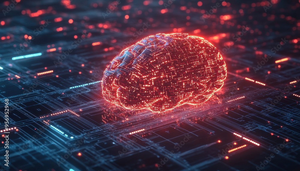 Poster glowing digital brain of artificial intelligence surrounded by abstract code patterns