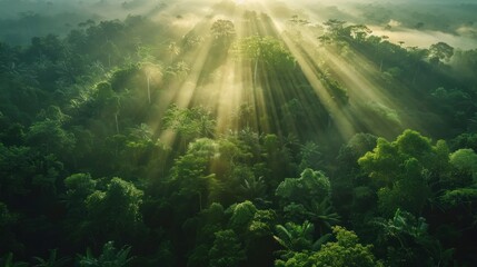 Fototapeta premium Drone aerial timelapse footage showcasing the stunning beauty of a tropical rainforest canopy at sunrise The sun s rays break through the dense foliage