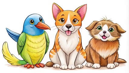 Fototapeta premium A colorful illustration of a cartoon cat, dog, and bird in simple outline form, set against a white background with bold lines and playful expressions.