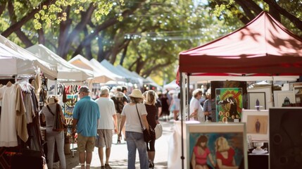 A bustling arts and crafts fair with people walking along tree-lined paths, enjoying various booths and displays under red and white tents.