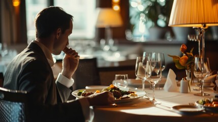 A man dressed in a suit enjoys an elegant meal alone at a dimly lit upscale restaurant, exuding an air of quiet contemplation.