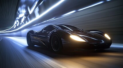 A sleek sports car speeding through a tunnel at night, with the headlights creating light trails.