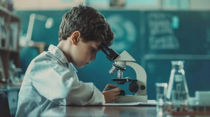 A young boy in a lab coat peers intently into a microscope, surrounded by laboratory equipment, embodying curiosity and scientific exploration.