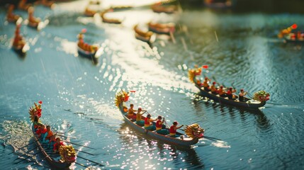 A fleet of dragon boats row in synchrony across sparkling water during a festive race, illuminated by a bright, sunny day.