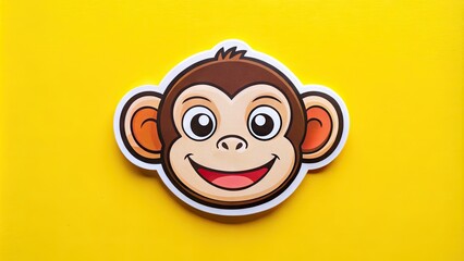 A colorful sticker featuring a cartoon monkey's smiling face with big round eyes and a cheeky grin, set against a bright yellow background with white outline.