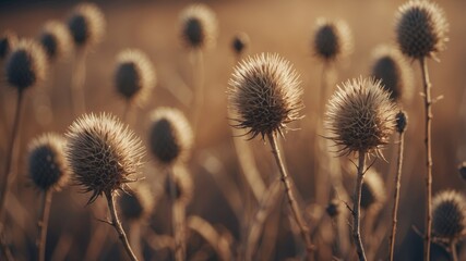 Dry thistle stalks on a dried grass background.