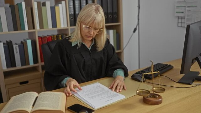Woman judge working in an office with legal documents and scales of justice on the desk