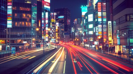Naklejka premium A lively and colorful city street at night, with bright lights and traffic trails, showcasing urban energy and vibrancy.