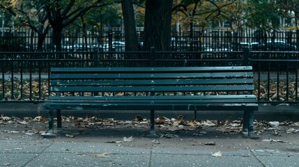 An empty park bench amid a quiet urban park, surrounded by fallen autumn leaves, evoking solitude and contemplation.
