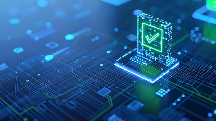 Fototapeta premium Digital technology concept with a green checkmark icon on a futuristic circuit board, representing data verification and cybersecurity.