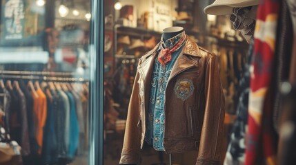 Naklejka premium A stylish western-themed outfit on display in a boutique window, featuring a leather jacket, bolo tie, and cowboy boots.